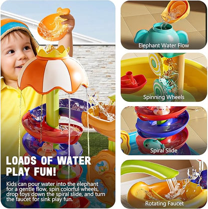 Water Table for Toddlers 1-3, 4-in-1 Outdoor Sand and Water Play Tables with Pump, Summer Kitchen Sink Toy with Fishing Game, Floating Boat, Sensory Gifts for Kids Ages 3-8