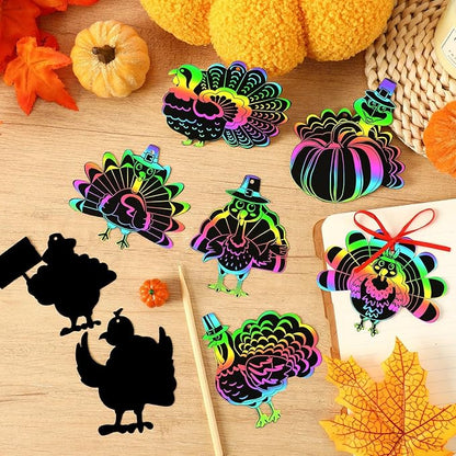 AUGSUN 96Pcs Thanksgiving Fall Crafts, Magic Rainbow Scratch Paper Art Cute Turkey Crafts Activity Gifts Autumn Harvest Thanksgiving Party Favors