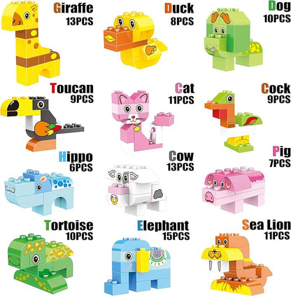 Building Blocks Set for Toddlers, Creative Large Building Bricks, Toy Animals Building Kit, Preschool Learning Educational Toys for Kids Boys Girls Gifts for 3+ Years Old (122 Pieces)