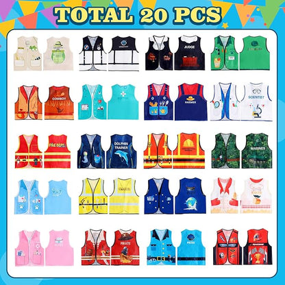 Haysandy 20 PCS Kids Dress Up Vest Community Helper Costumes Kids Role Play Career Cosplay Clothes for Toddlers Pretend and Play Halloween Costume Doctor Police Fireman Construction, Birthday Gifts