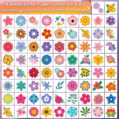 Glitter Flower Temporary Tattoos for Girls - 74 Individually Sheets | Waterproof & Easy Peel | Kids Birthday Party Favors, Flower Theme Decorations