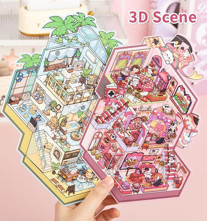 DIY 3D House Stickers, 4 Sets Fun DIY Stickers Scene Make Your Own Mini House Cute Cartoon Animal Scene Stickers for Kids Adult Sticker Art Relief Stress Pass The Time-Large Size