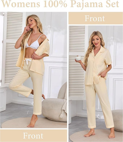 CF Womens 100% Cotton Pajamas Set Button Down Pjs Sets Short Sleeve Top & Long Pants Sleepwear Comfy Loungewear with Pockets