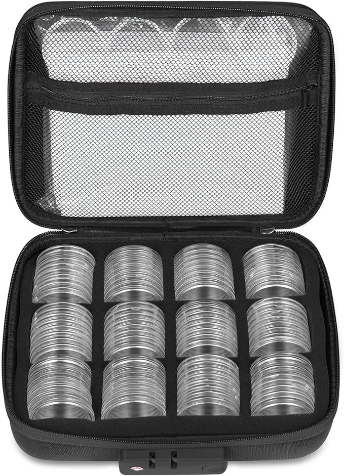 MUODR 46mm Coin Holders for Collectors, Coin Storage Case with Lock,100 Pieces Coin Capsule and 11 Size Gasket, Coin Collection Supplies For Dime,Cent,Nickel,Quarter,Silver Dollar,Half Dollar