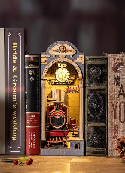 ROBOTIME Book Nook Kit DIY Miniature House Kit 3D Wooden Puzzle Booknook Decorative Bookend Bookshelf Halloween/Christmas Decorations/Gifts for Adults (Time Travel)