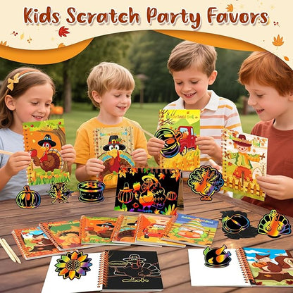 24 Pack Thanksgiving Scratch Art Party Favors for Kids - Rainbow Scratch Paper with Fall Party Scratch Off Cards Pumpkin Birthday Goodie Bag Stuffers - Return Gifts DIY Classroom Prize