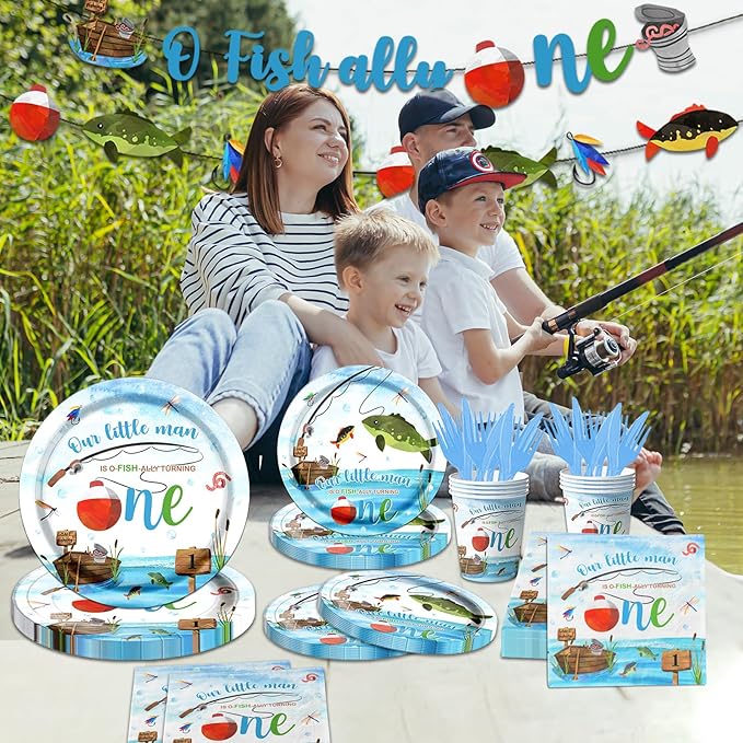 Ofishally One Birthday Decorations,142Pcs Gone Fishing 1st Birthday Party Supplies Our Little Man Is Ofishally Turning Plates Napkins Cups Tablecloth for O Fishally One First birthday Party Supplies