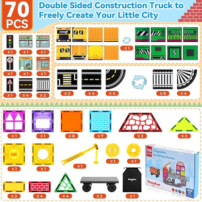 Theefun 70pcs Magnetic Tiles Road Set with Crane & 2 Cars Magnetic Blocks Double Side City STEM Construction Toy Gifts for Kids 3+ Years Old, Include 56 Magnetic Blocks, 13 Magnet Toppers, 1 Bag