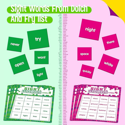 Sight Word Bingo Game, 144 Sight Words Learn to Read Level 3 & Level 4 Bingo Board Game Dolch's & Fry's Words Lists for Kindergarten and Preschool, Grade 1st, 2nd, Kids 4-8 (Up to 25 Players)