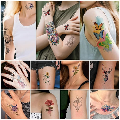 77 Sheets Nature Animal Temporary Tattoo for Women Men, 17 Sheets Half Arm Large Lion Flower Owl Fake Tattoos, 60 Sheets Butterfly Clock Black Tiny for Adult Kids Body Tattoos Stickers Realistic