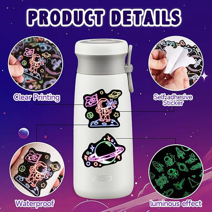 52 Pcs Neon Astronaut Stickers for Kids Glow in The Dark, Waterproof Space Sticker for Water Bottle, Vinyl Laptop Decals for Teens Girls Boys, Students Adults Sticker Pack
