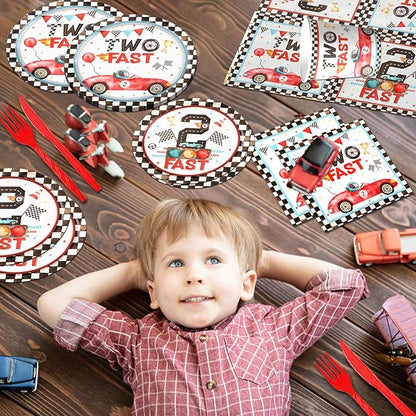 Two Fast Birthday Party Supplies, 142pcs Race Car 2nd Birthday Decorations Tableware Kit Includes Race Car Plates Napkins Tablecloth for Two Years Old Party Baby Shower Decorations Favors for Boys