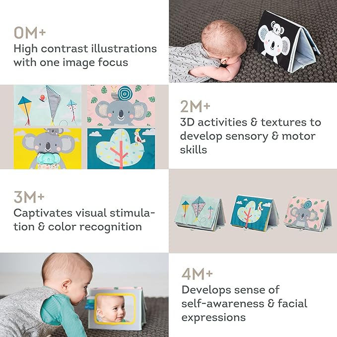 Taf Toys Tummy Time Toys High Contrast Baby Book. Fun, Interactive Crinkle Books for Babies with Mirror & Soft Koala Teether - Baby Tummy Time Book