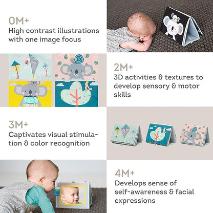 Taf Toys Tummy Time Toys High Contrast Baby Book. Fun, Interactive Crinkle Books for Babies with Mirror & Soft Koala Teether - Baby Tummy Time Book