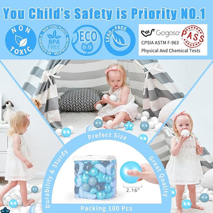 GOGOSO Ball Pit Balls Stars Moon Shapes Plastic Pitballs for Toddler Play Tent Baby Photo Props Kids Pool Water Toys Kiddie Pool Party Decor,Gradient Blue, 100pcs