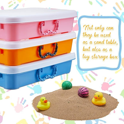 Suzile 3 Pcs Portable Sensory Bin Sand Tray with Lid, 15 Inch Colorful Plastic Sandbox Toy, Large Play Tray Fill with Sand, Water, Beads, and More, 3 Colors(Blue, Orange, Pink)