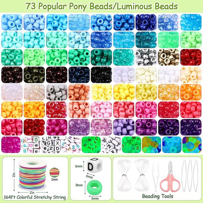 73 Colors 3700 Pcs Pony Beads for Bracelet Making Kit 64 Colors Pony Rainbow Letter Beads 9 Colours Glow in The Dark Beadwork Friendship Bracelet Jewelry Crafts with Elastic Cord