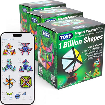 TOSY Magnet Pyramid Glow - 1 Cube Transforms into 1 Billion Shapes, 12 Pieces, 243 Rare Earth Magnets, Glowing, Holographic Design Magnet Tiles Creative Puzzle STEM/STEAM Toy, 3-Pack