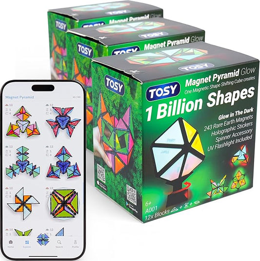 TOSY Magnet Pyramid Glow - 1 Cube Transforms into 1 Billion Shapes, 12 Pieces, 243 Rare Earth Magnets, Glowing, Holographic Design Magnet Tiles Creative Puzzle STEM/STEAM Toy, 3-Pack