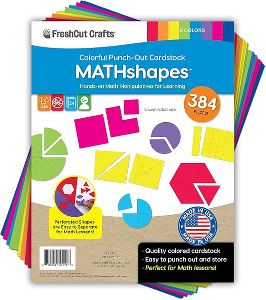 384 Pieces MATHshapes Fractional Math Manipulative Shapes Easy-Punch-Out Easy-to-Separate Paper Shape Cutouts in 8 Bright Colors US Made Card Stock Ideal for Learning Fractions, Measurements, and More