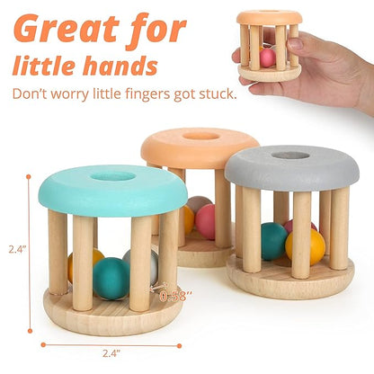 DUCKBOXX XX Montessori Infant Educational Toys, Natural Wood Rolling Rattle Toy, Early Learning Toy for Developing Fine Motor Skills and Color Recognition, for Ages 0m–2yrs (Burlywood Base - 3pcs)