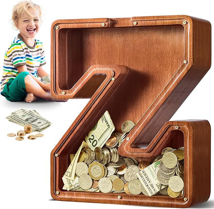 Summidate Large Wooden Piggy Bank for Kids Adults, Alphabets Letter A-Z Piggy Bank for Boys Girls, Coins Bills Change Bank Box Personalized Initial Name Kids Money Bank for Birthday Present and Decor