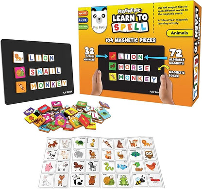 Magnetic Preschool learning Toys for Toddlers Aged 3 4 5 6 Years Old Learn to Spell Animals|104 Magnet Pieces-32 Picture & 72 Letters with Magnet Board & Spelling Game Guide|Educational Toy for Kids