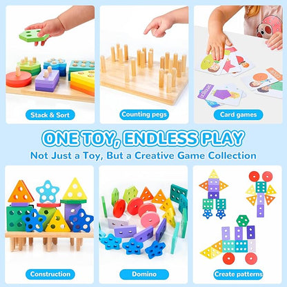 Shape Sorters for Toddlers 1-3 with 24-Piece Large Blocks & 12 Word Cards, Montessori Sensory Developmental Toy for Baby 12mo+, Wooden Stacking Puzzle Toy for 2-4 Year Old Kid Boy & Girl Birthday Gift