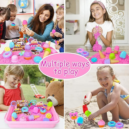 Sensory Bin Toys, Ice Cream Play Sand Set with Sensory Sand, Ice Cream Toy Molds and Cleaning Tools Sandbox with Lid Kids Play Sand Art Kits for Boys Girls 3-8 Years Old Birthday Christmas Gift