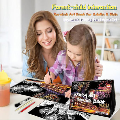 Scratch Art Book for Adults-Landmark Building Scratch Art|Scratch Painting Paper Craft Kit|Creative Foil Engraving Art Set|Scratch City Series Books for Travel Lovers,Craft Lovers(New City 1)