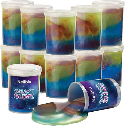 Neliblu Galaxy Slime Kit - 12 Pack of 4 oz Galaxy Slime Party Favors for Kids, Fun DIY Decoration and Self-Calming Toys - Marble Rainbow Slime Set for Girls - Goodie Bag Stuffers and Birthday Gifts