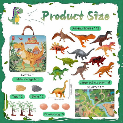 OuMuaMua Dinosaur Toys for Kids 3-5, Plastic Dinosaur Figures Set with Activity Play Mat Dinosaurs Eggs Storage Box for Boys Girls Party Favors Supplies, 5-7 Inch