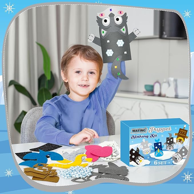 WATINC 6Pcs Hand Puppet Making Kit, Art Craft Felt Sock Puppet Toys, Creative DIY Make Your Own Pompoms Wiggle Googly Eyes Storytelling Role Play Party Supplies Gift for Girls Boys (Polar Animals B)