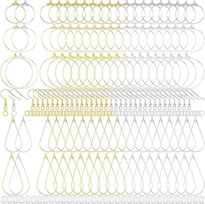 Pndeyo 700pcs Hypoallergenic Earring Making Accessories, Teardrop Round Hoop Earrings Findings Earring Hooks, Clear Rubber Earring Backs & Jump Rings for Jewelry Making- Silver & Gold
