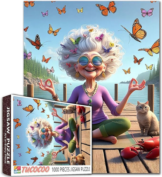 Funny Grandma Meditation Yoga Jigsaw Puzzle for Adults Students 1000 Pieces Butterfly Cat Lobster Relaxing Lake Scenery Whimsical Animals 20×27 Inches Large Puzzle Brain Challenge Gift for Women Men
