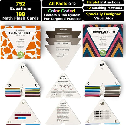 Think Tank Scholar Triangle Math 752 Equations, All Facts 0-12 Box Set Addition, Subtraction, Multiplication, Division Flash Cards: Kindergarten, 1ST, 2ND, 3RD, 4TH, 5TH, 6TH Grade - Has Three Corners