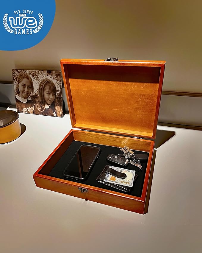 WE Games Wooden Memory Box for Keepsakes – Vintage Decorative Storage Box with Lid - Light Cherry Finish with Image Color Print