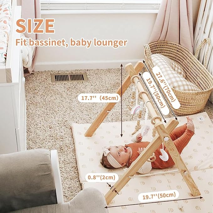 little dove Foldable Wooden Play Gym with 6 Toys - Infant Activity Gym for Baby Girls and Boys with Hanging Bar - Montessori Newborn Gift
