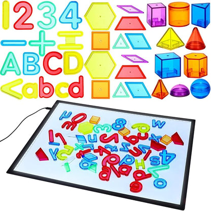 LED Light Panel for Kids and 268 Pcs Translucent Pattern Blocks Geometric Solids Colorful Plastic Letters and Numbers for Kids Sensory Play Exploration Counting Spelling Supplies
