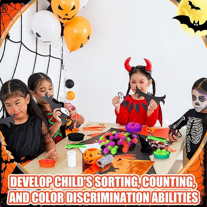 Leitee 71 Pcs Sensory Bin Filler Include 60 Hedge Balls 4 Tweezers 2 Scissors Clips 5 Cups Fine Motor Skills Toys Set for Boys Girls Early Education and Counting Sorting Training(Black,Halloween)