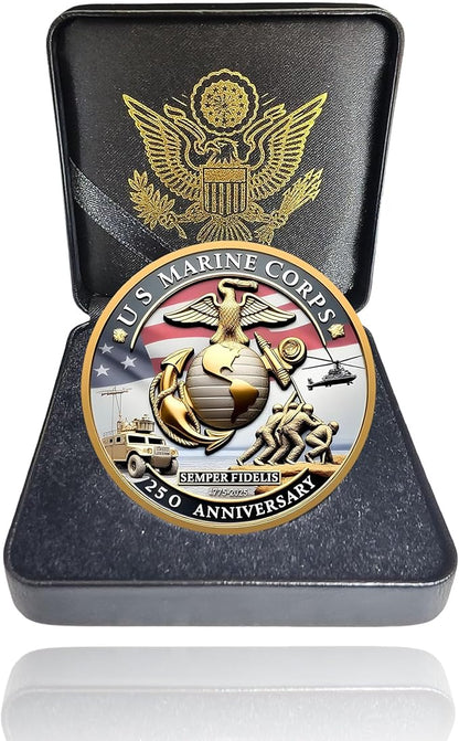 USMC 250th Anniversary Commemorative – Navy 250th Anniversary Coin, Double-Sided Marine Corps Challenge Coin with Metal Gift Box – Collectible Gift for Veterans, Marines, Patriots – 1.57"