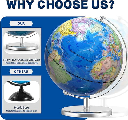 13 Inch Large World Globe for Adult, Educational Globe for Children, Colorful HD World Map Details for Kids Learning, Illuminated Globes Lamp for Kids Gift and Bedroom Office Decor