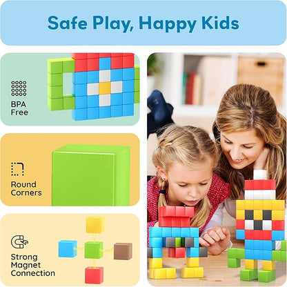 PicassoTiles 102pcs Pixel Magnetic Puzzle Cube 1” Pixel Mix & Match Toys with Ideabook STEM Education Learning Building Block Magnets Construction ToySet Stacking Creative Kit for Kids Age 3+ PMC102
