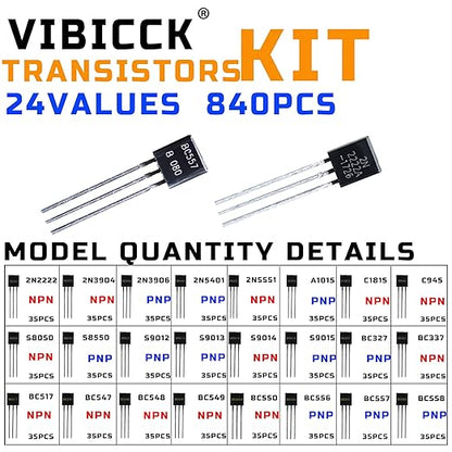 24 Value 840-piece Assorted Type General Purpose TO92 Transistors PNP NPN Bipolar Power Transistor Assortment Kit with Individual Compartment
