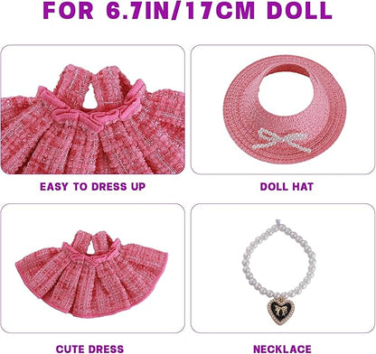 17cm Doll Clothes Set 3-Piece Pink Outfit Set with Pink Dress Necklace Hat Accessories for 17cm Plush Dolls, Clothes Only, No Doll Included