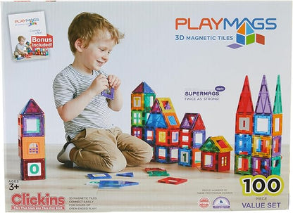 Playmags Magnetic Tiles for Kids – 100pcs Magnet Building Set for Toddlers Ages 1-5 | Stem Montessori Toy for 2 3 4 Year Old Boys & Girls | Toys for Toddlers, Preschool & Middle School Children