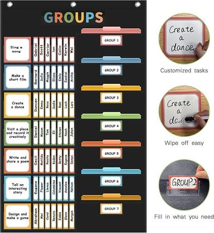 REGELETO Boho Small Group Management Pocket Chart with 114 Cards, Large Size 46 x 26.3 inch Classroom Small Group Organizer for School Teacher Elementary Preschool Learning Supplies (Black)
