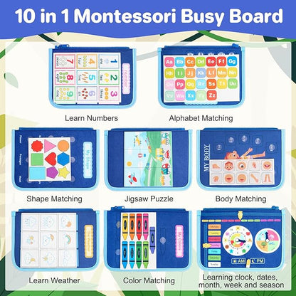 Toddler Busy Board Montessori Toys, Sensory Toys for 1 2 3 4 Year Old Boy, Busy Book Travel Educational Activities for Learning Fine Motor Skills Birthday Gifts (Blue Dinosaur/P10)