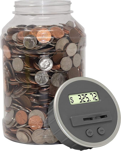 Teacher's Choice Digital Coin Bank, Savings Jar, and Piggy Bank | Automatic Coin Counter Totals All U.S. Coins Including Dollars and Half Dollars - Original Style, Clear Jar w/Grey Lid