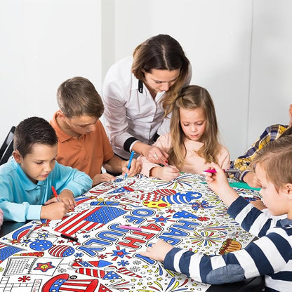 Gatherfun 4th of July Coloring Tablecloth | Patriotic Giant Poster 31.5x72 | Ideal for Independence Day Decor & Activities | American Flag-Themed for Classroom Wall or School Party Table Cover